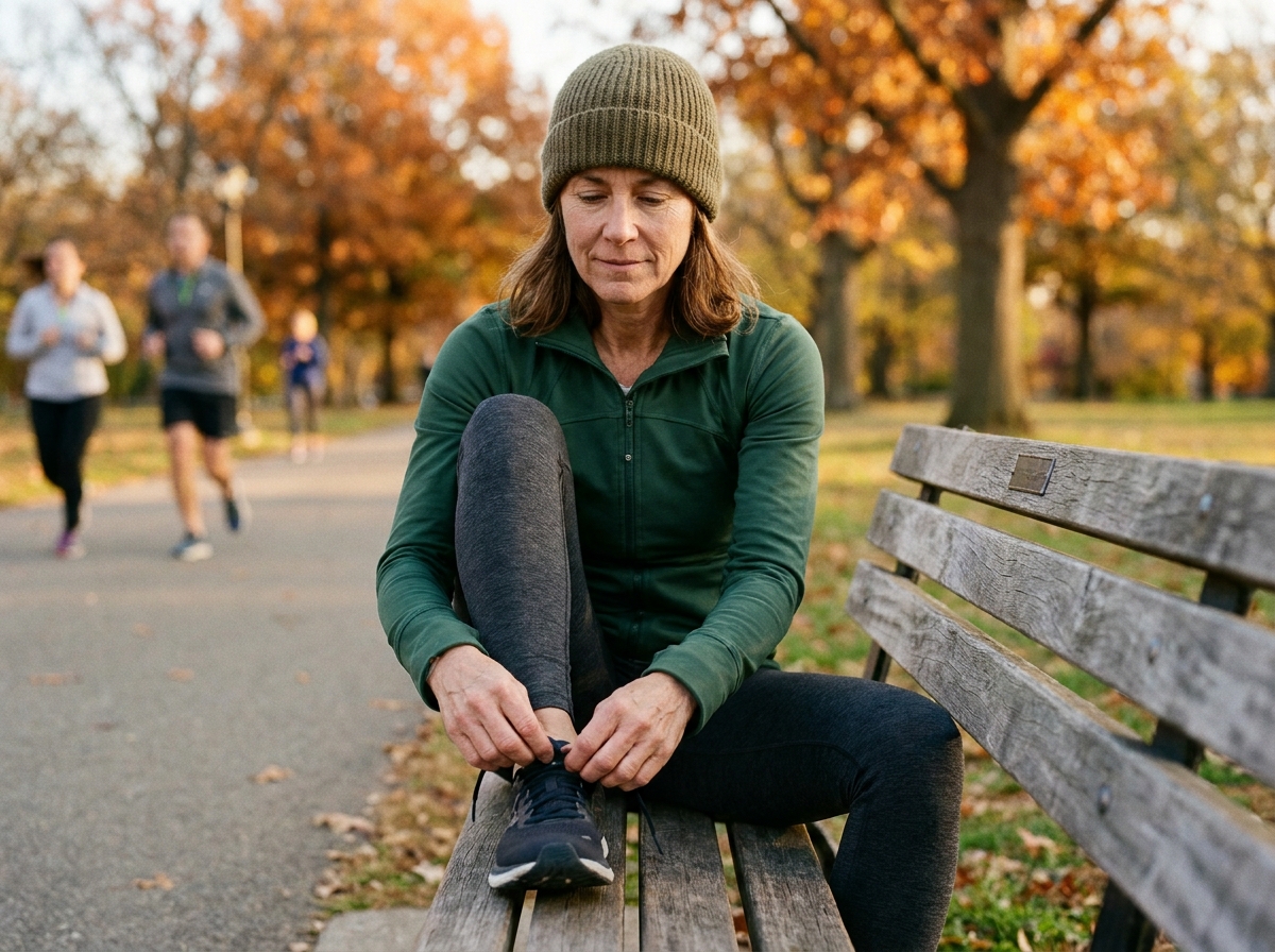 Femme de 52 ans qui se prépare à courir dans un parc en automne, symbole de reprise sportive sereine après 40 ans