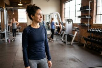 Femme de 45 ans souriante dans une salle de sport, prête à reprendre l'exercice physique après une longue pause