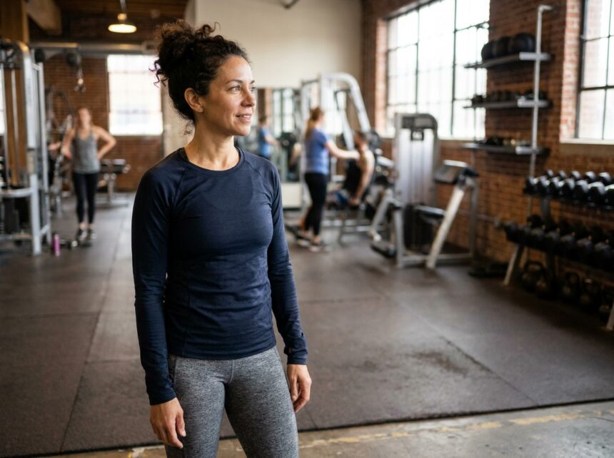 Femme de 45 ans souriante dans une salle de sport, prête à reprendre l'exercice physique après une longue pause