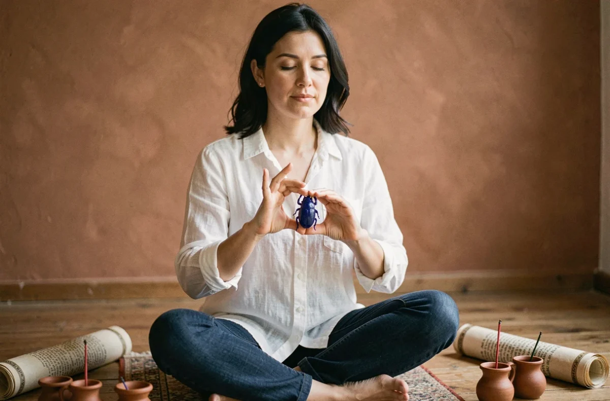 Femme tenant une amulette scarabée en lapis-lazuli lors d'un rituel de méditation inspiré de la tradition égyptienne