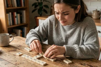 Jeune femme arrangeant des lettres de Scrabble dont la lettre Z sur une table en bois dans une cuisine chaleureuse