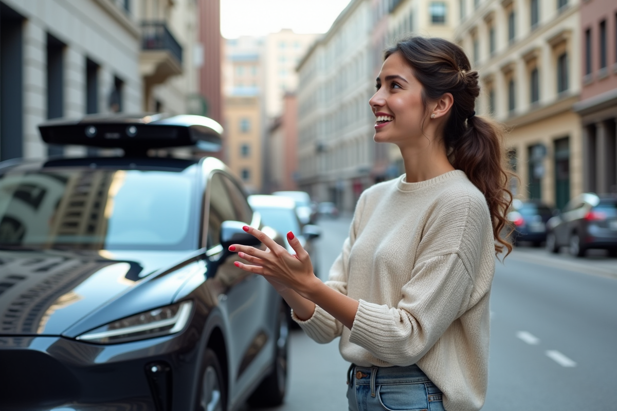 Jeune femme devant un SUV électrique en ville