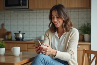 Femme souriante vérifiant sa commande sur son smartphone à la maison