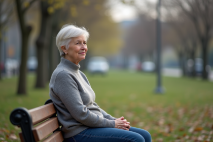 Femme assise sur un banc dans un parc au printemps