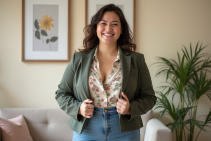 Femme souriante en blazer floral et jeans haut taille