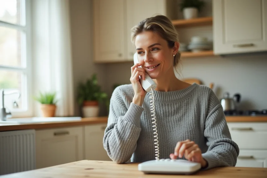 Femme utilisant un téléphone fixe sans fil pour modifier le code secret de son répondeur Free à domicile