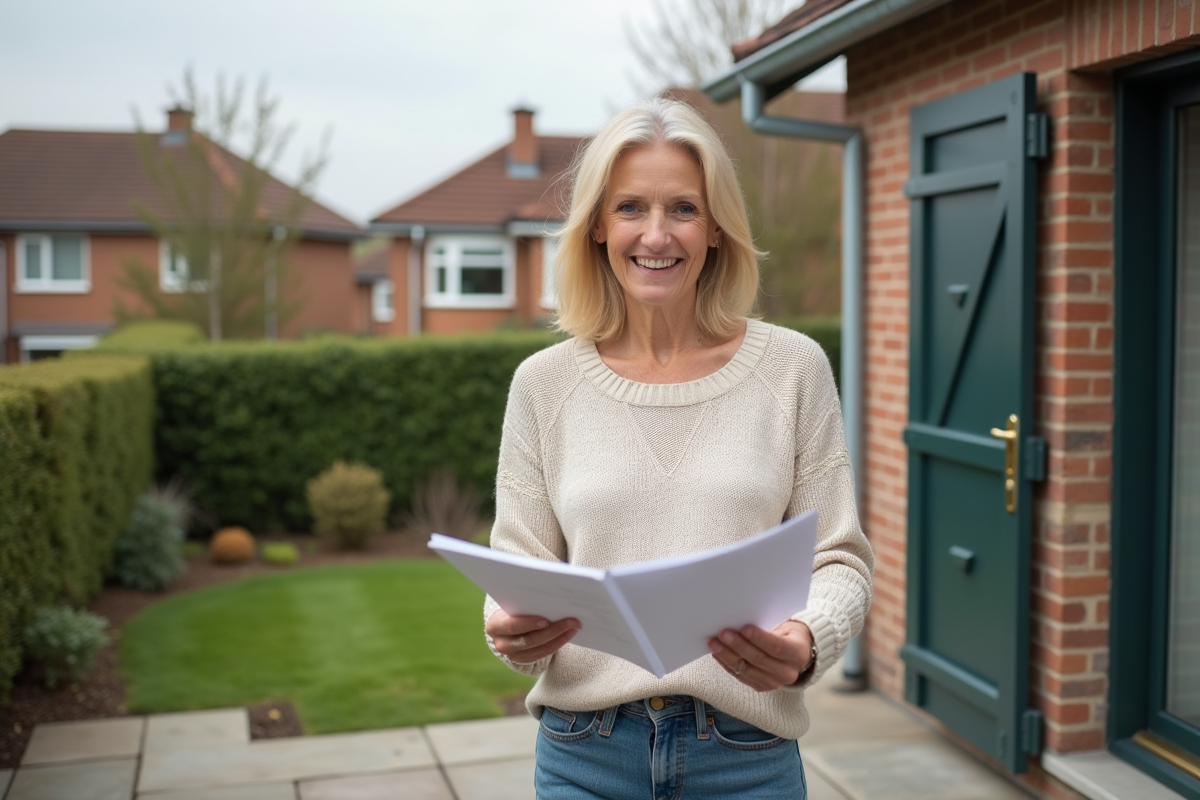 Femme souriante tenant des clés sur la terrasse