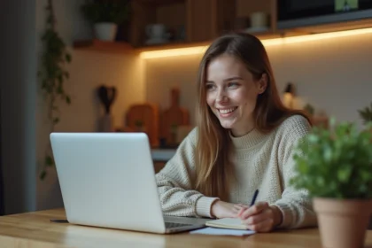 Jeune femme travaillant sur un ordinateur dans la cuisine