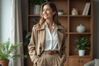 Femme élégante ajustant un trench dans un appartement cosy