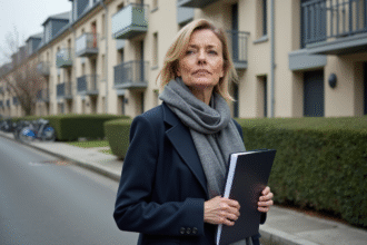 Femme urbaine en manteau navy et foulard dans une rue tranquille