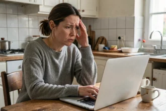 Femme inquiète devant son ordinateur portable après avoir été victime d'une arnaque sur Le Bon Coin