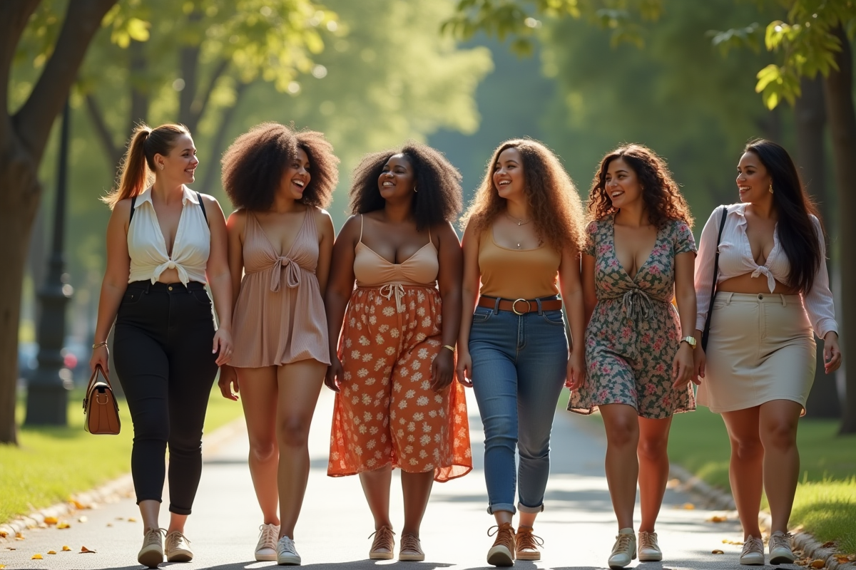Groupe de femmes diverses marchant dans un parc ensoleille