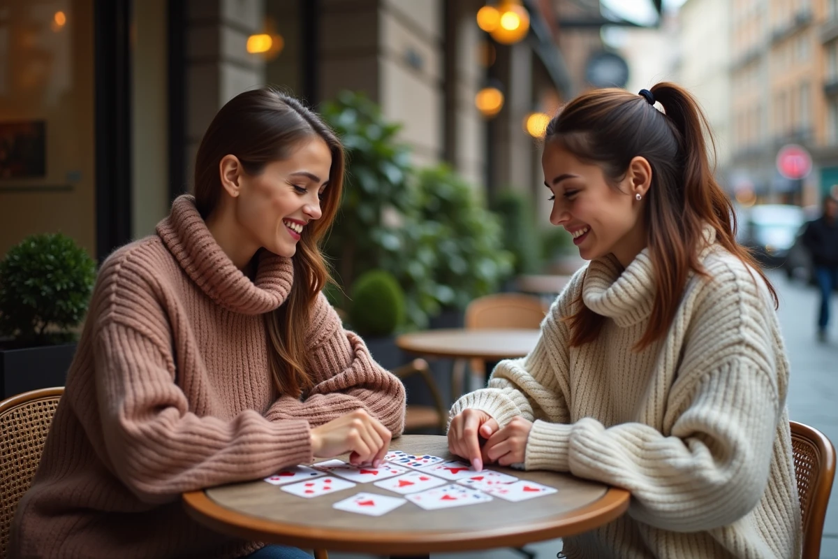 Deux femmes jouent au bridge dans un café en extérieur