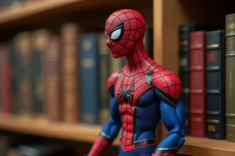 Figurine Spider-Man collector édition rare posée sur une étagère en bois avec détails de costume rouge et bleu en gros plan