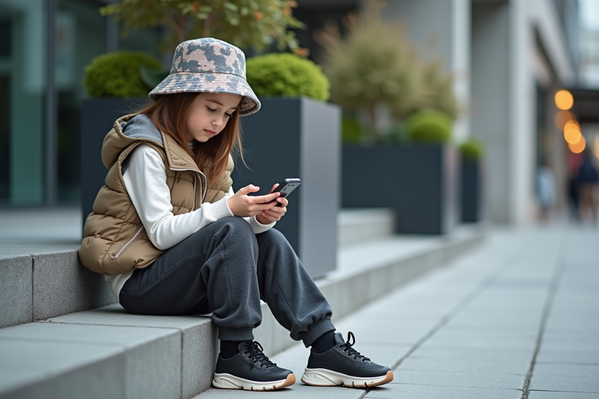 Fille en vest puffer et bucket hat sur les marches urbaines