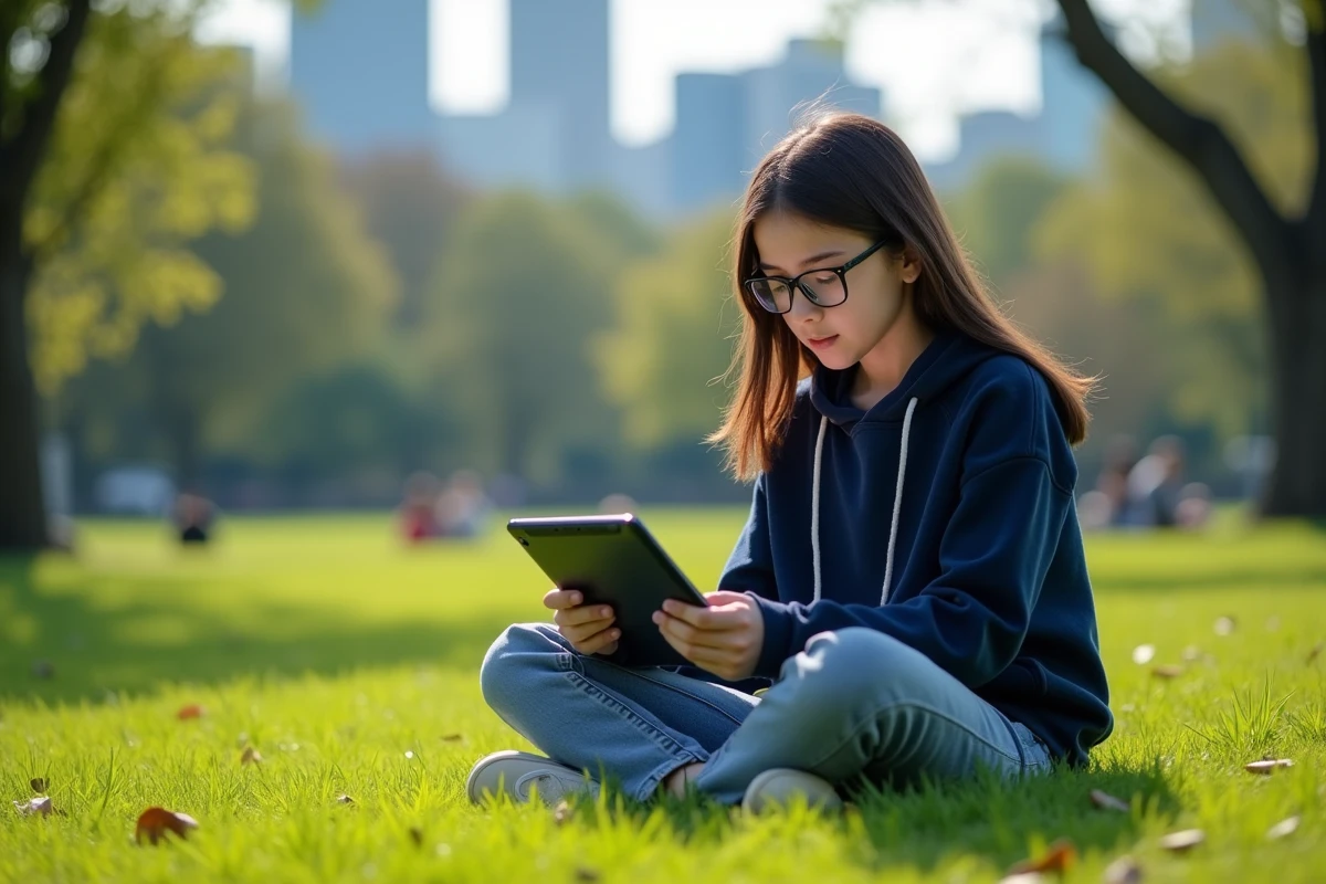 Adolescente lisant manga sur tablette dans un parc verdoyant