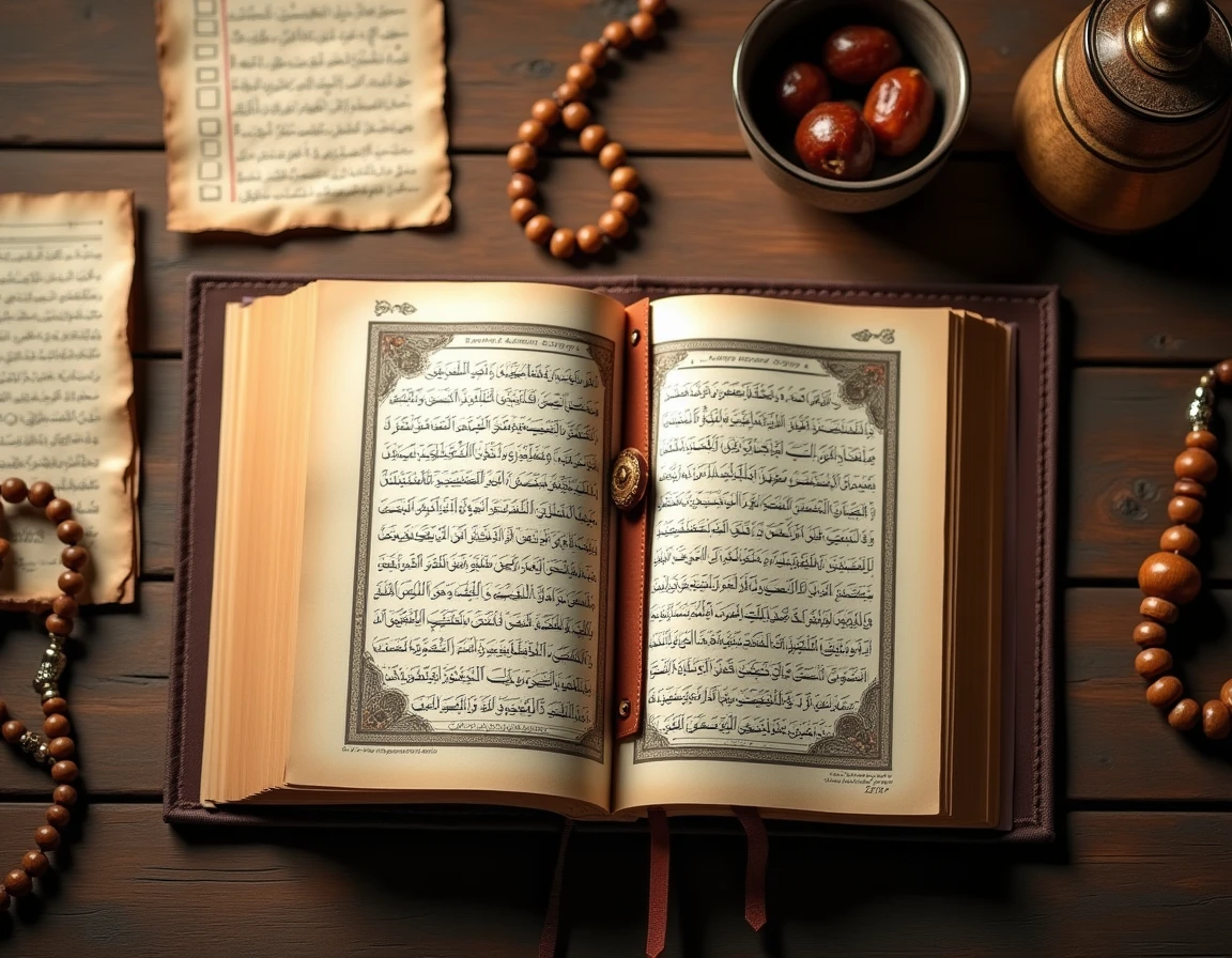 Flat-lay du Coran ouvert avec programme de lecture Ramadan en 30 juz et chapelet en bois