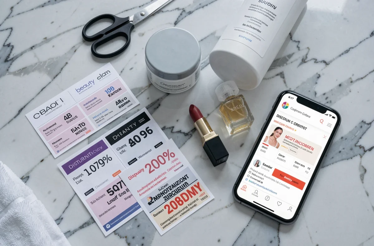 Flat lay de bons de réduction imprimés entourés de produits de beauté et d'hygiène sur un comptoir en marbre