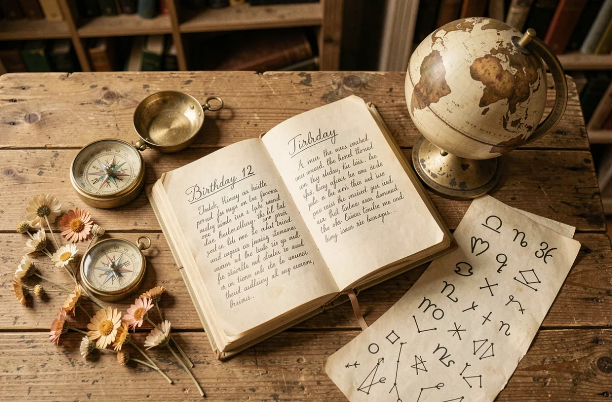 Flat lay d'un journal d'anniversaire du 12 juillet entouré d'objets astrologiques sur une table en bois vintage