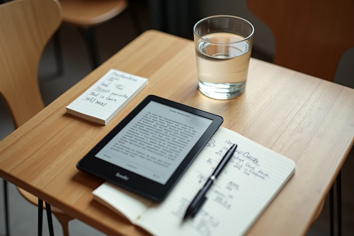 Flat lay d'une liseuse Kindle entourée de notes manuscrites sur les royalties et différences entre KDP et KDP Select