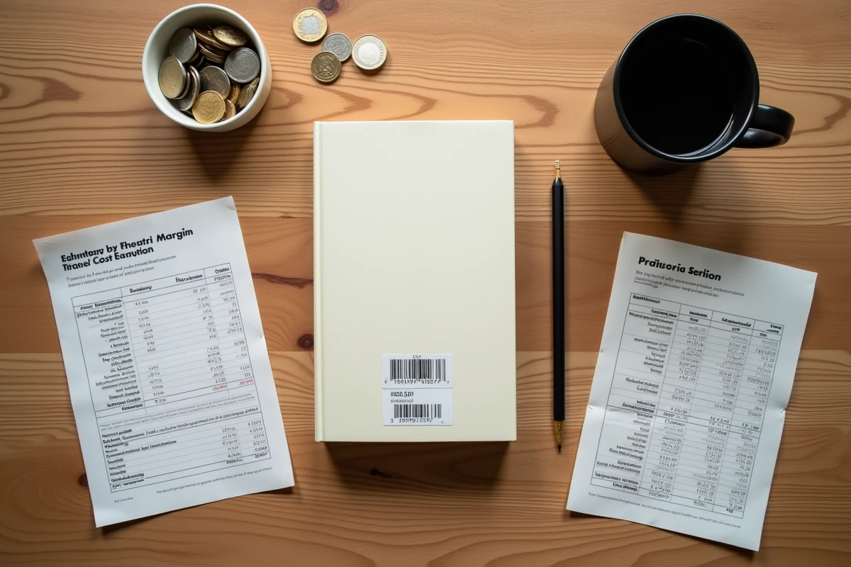 Vue aérienne d'un livre broché avec des calculs de prix, des pièces en euros et des fiches de coûts sur une table en bois