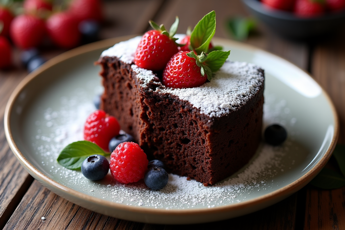 Gâteau au chocolat sans farine saupoudré de sucre glace avec fruits