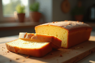 Gâteau éponge doré tranché sur table en bois naturel