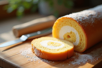 Gâteau roulé suisse tranché sur une table en bois