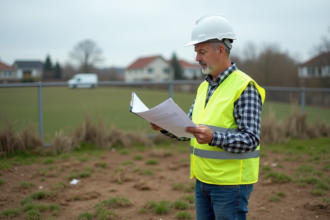 Homme géomètre sur terrain en herbe avec casque et gilet haute visibilité