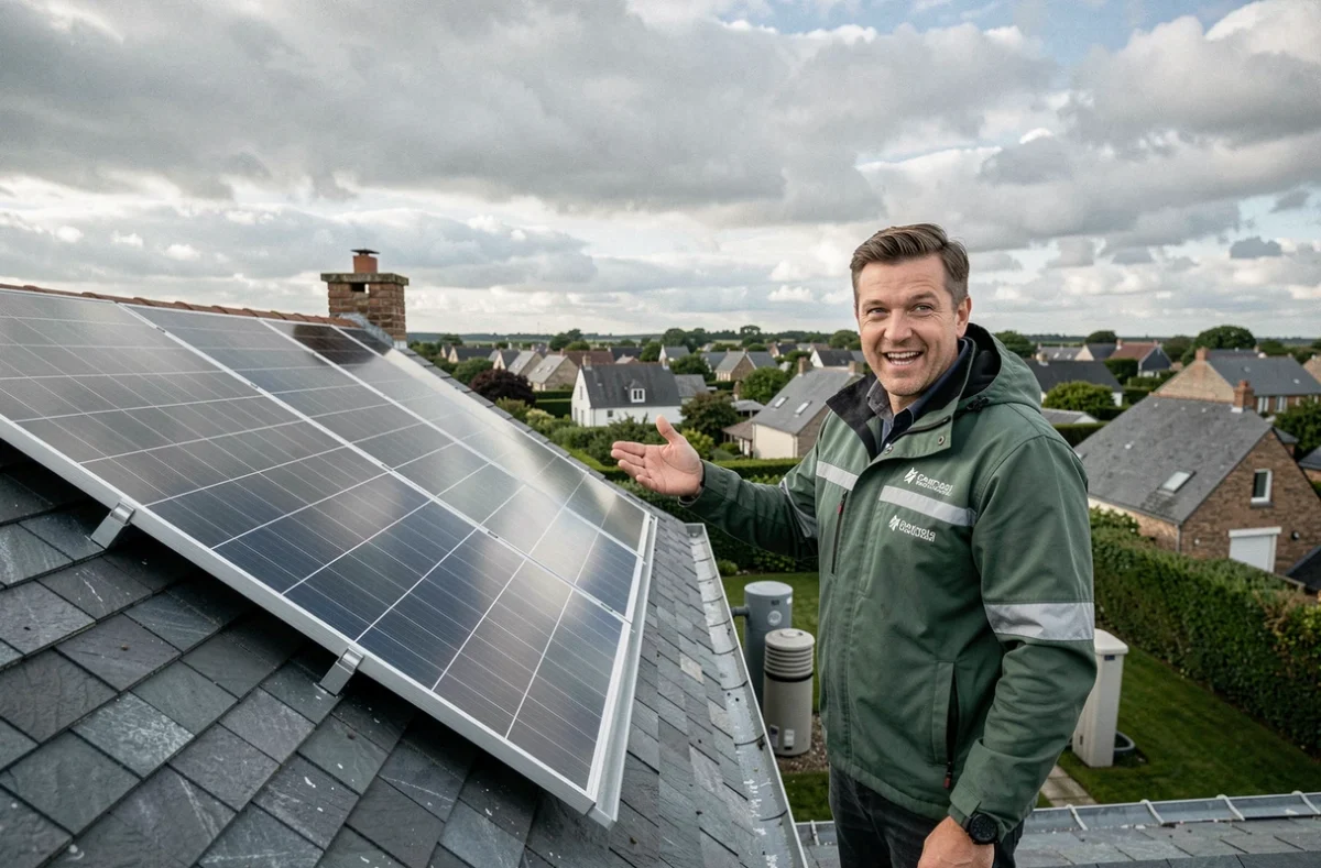 Technicien de Geotherm Solaire présentant des panneaux solaires thermiques installés sur un toit dans le Pas-de-Calais