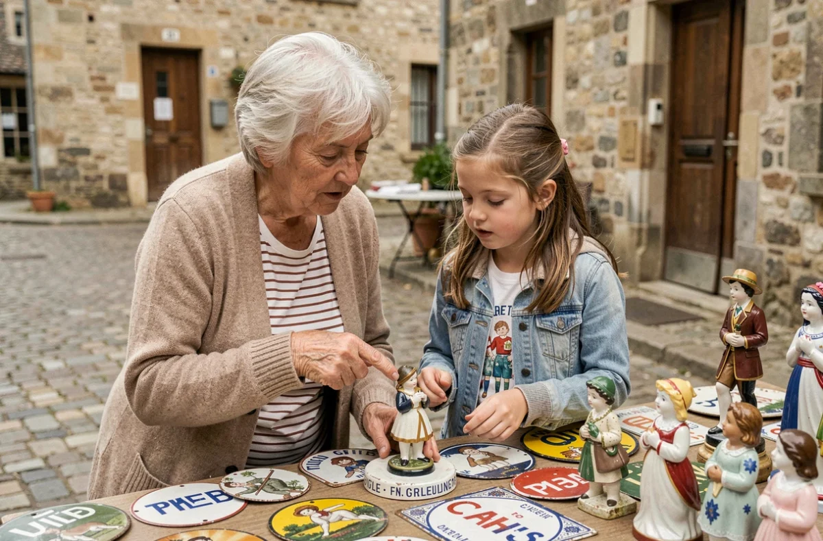 Grand-mère et petite-fille examinant des figurines en porcelaine et des plaques émaillées vintage sur un étal de brocante dans un village des Yvelines