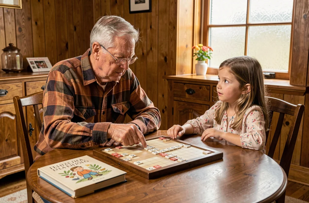 Un grand-père explique les règles du Scrabble et les mots valides à sa petite-fille autour d'un dictionnaire ouvert