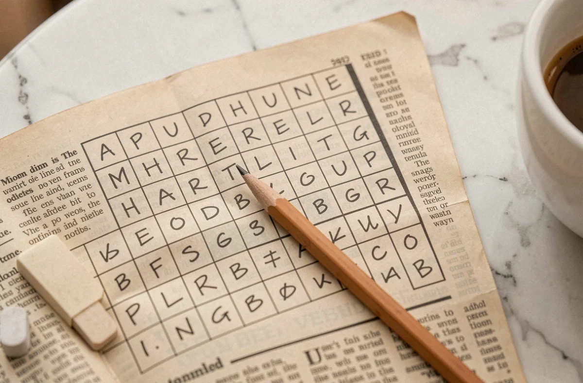 Gros plan d'une grille de mots fléchés avec des lettres manuscrites et un crayon sur une table de café