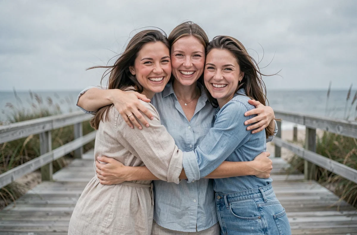 Trois amies se tenant enlacées sur une promenade en bord de mer, partageant un moment d'amitié profonde et sincère