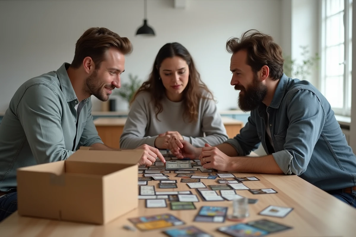 Trois adultes autour d'une table de salle à manger débattent du choix entre différentes extensions de jeu de deck building entourés de boîtes de jeux