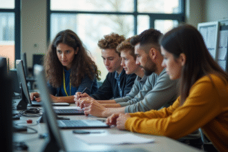 Groupe d'étudiants collaborant sur un projet technique en classe