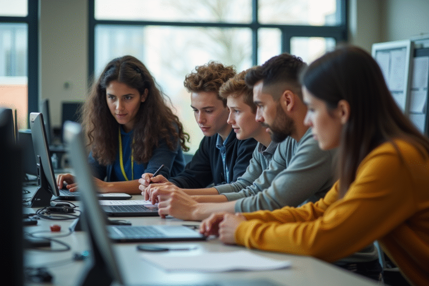 Groupe d'étudiants collaborant sur un projet technique en classe
