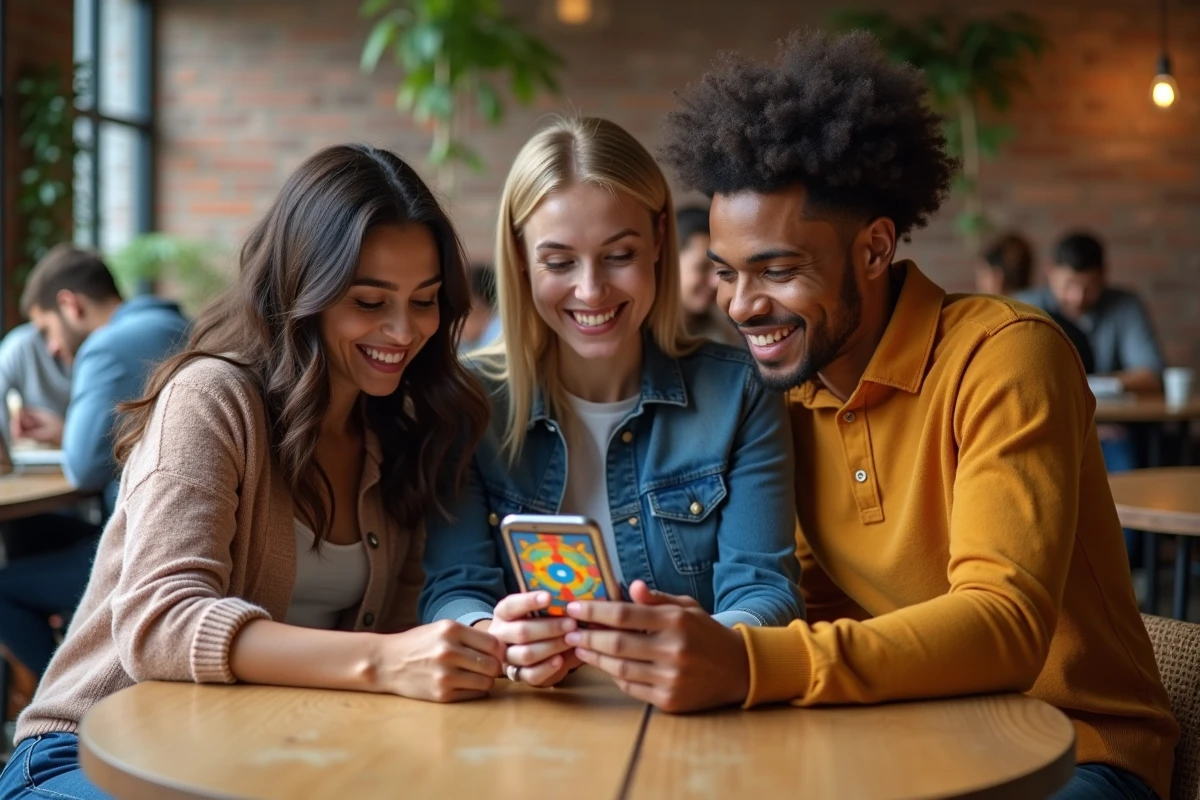 Groupe de joueurs adultes réunis autour d'un smartphone jouant à Monopoly GO dans un espace de coworking moderne