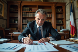 Homme d'affaires français en costume examine un graphique dette publique