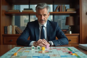 Homme d'affaires en costume marine analysant une stratégie de jeu Monopoly GO avec des jetons et billets sur un bureau en acajou