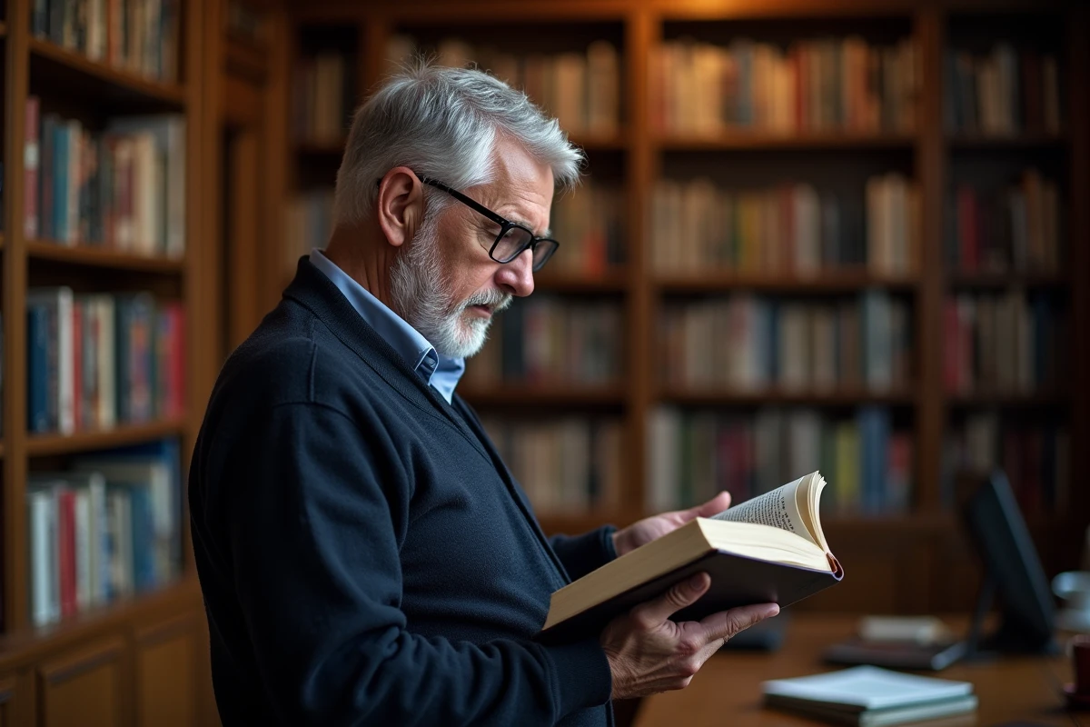 Homme âgé comparant un livre et un blog Blogspot dans une bibliothèque personnelle
