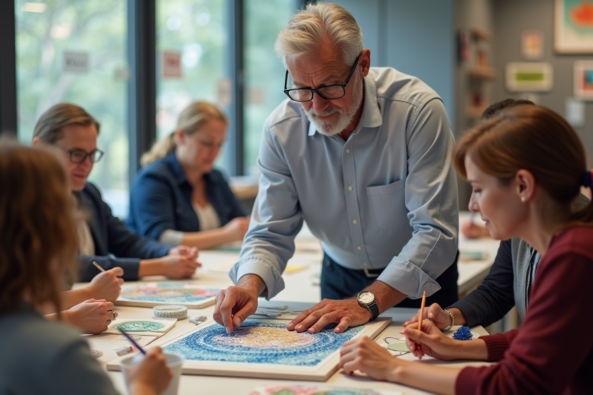 Homme montrant des techniques de diamant peinture à un groupe