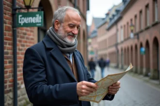 Homme belge en manteau regardant une carte en ville