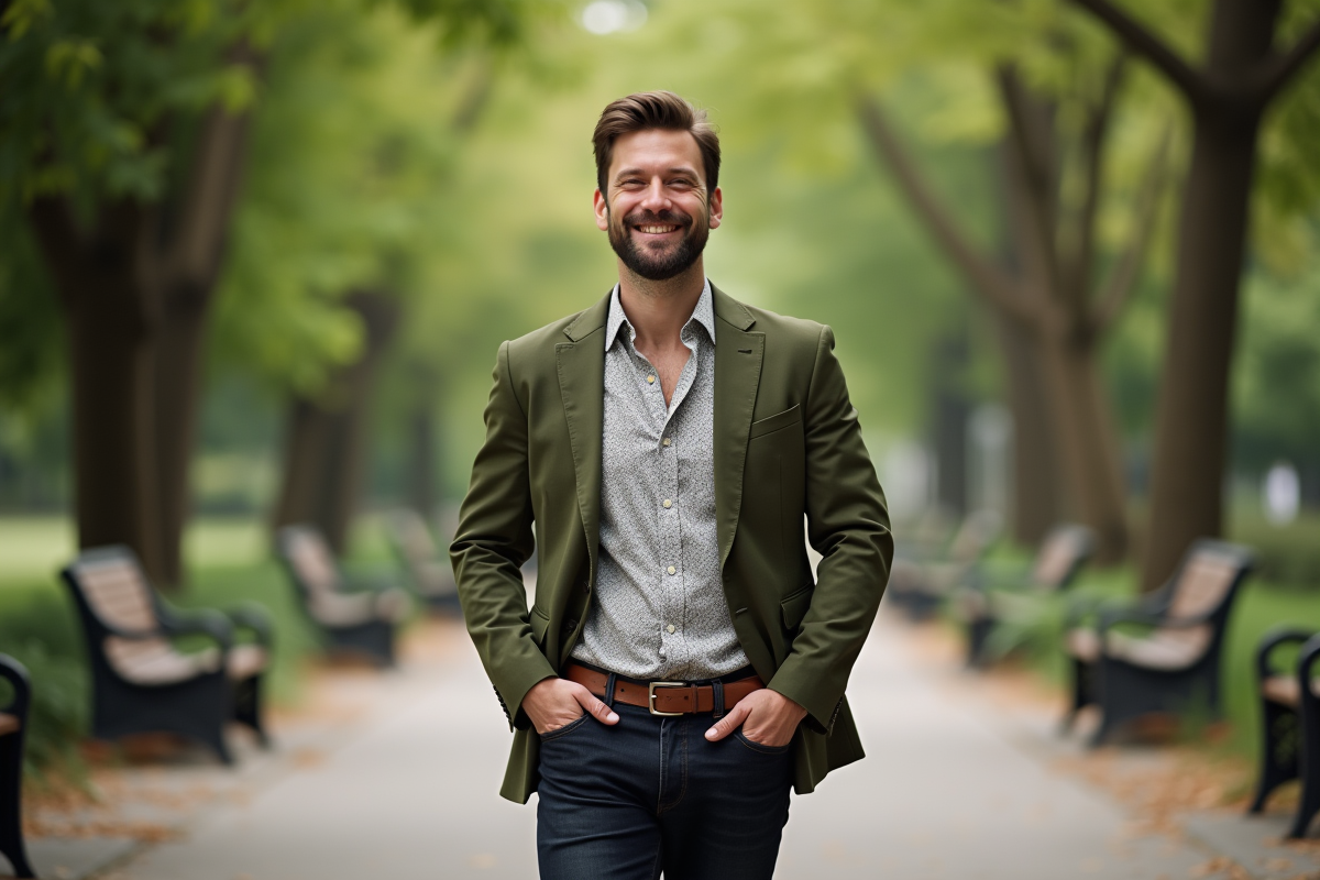Homme souriant en blazer dans un parc urbain
