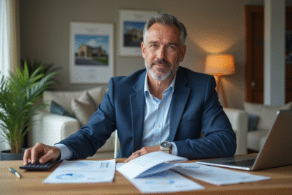 Homme en blazer bleu travaillant à domicile