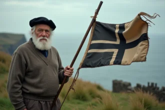 Homme breton âgé avec drapeau ancien en Bretagne