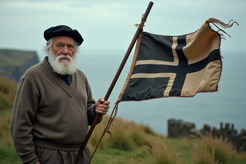 Homme breton âgé avec drapeau ancien en Bretagne