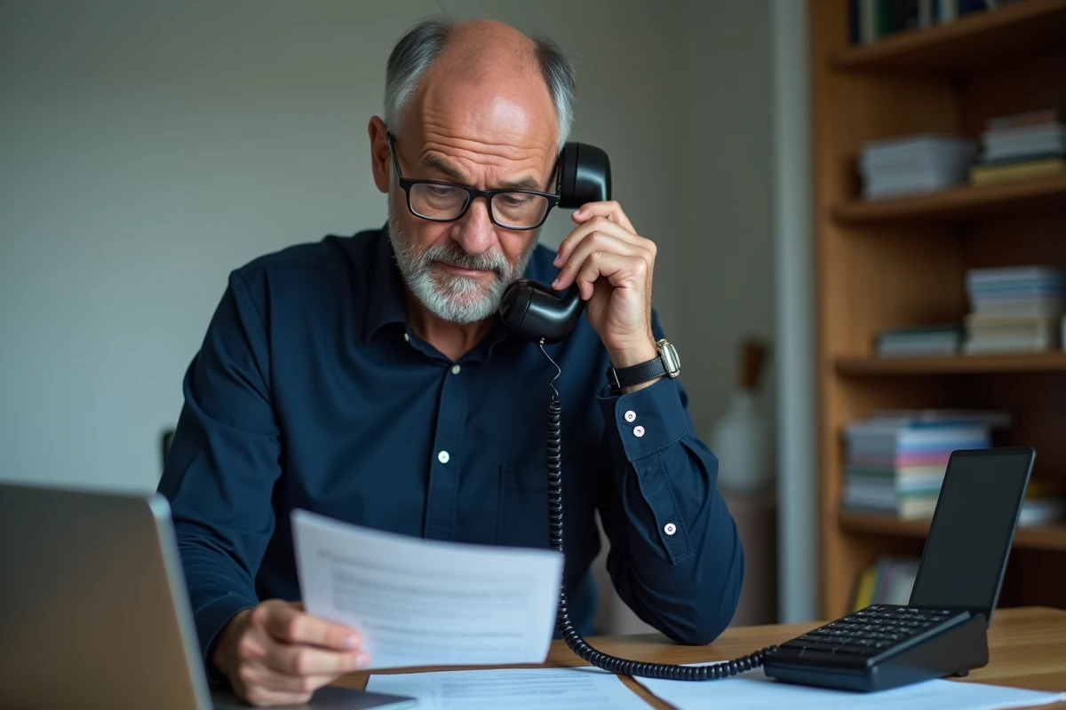 Homme dans un bureau à domicile consultant une procédure imprimée pour changer le code de son répondeur téléphonique fixe Free