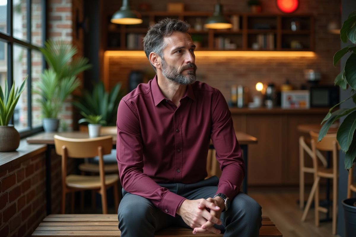 Homme posé dans un café chaleureux et moderne