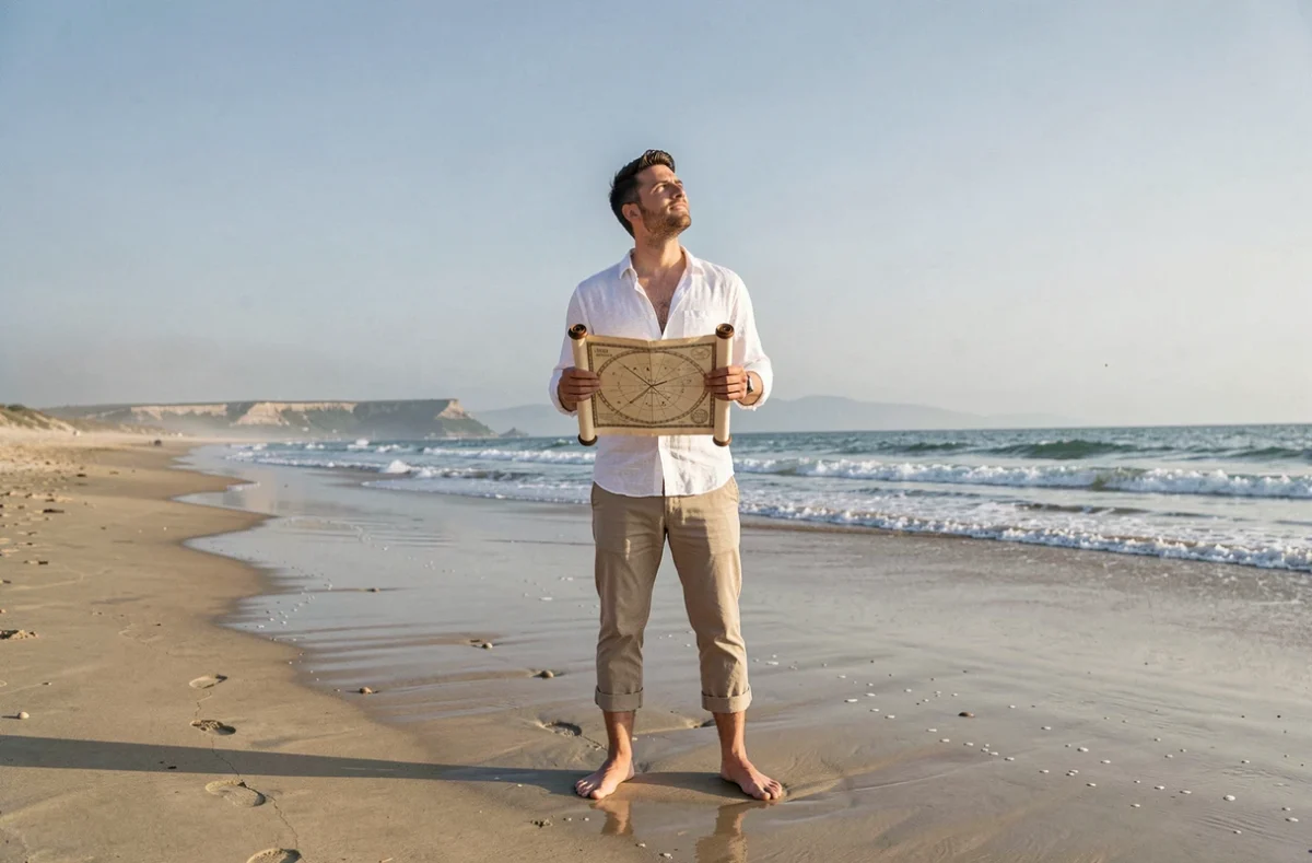 Homme tenant une carte des étoiles sur une plage en été, évoquant la naissance du 12 juillet et le signe astrologique Cancer